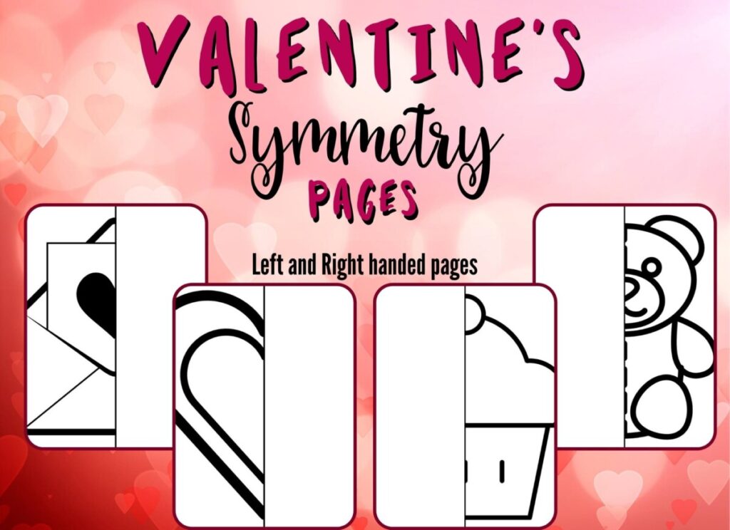 Free Symmetry Valentines Pages. #freehomeschooldeals #fhdhomeschoolers #valentinesymmetryprintables #valentinesymmetryworksheets #symmetrypages #symmetry worksheets