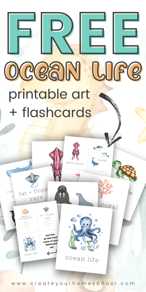 Ocean Life Printable Art + Flashcard Set. #freehomeschooldeals #fhdhomeschoolers #oceanlifeprintableart #oceanlifeflshcardset #oceanlifeprintable