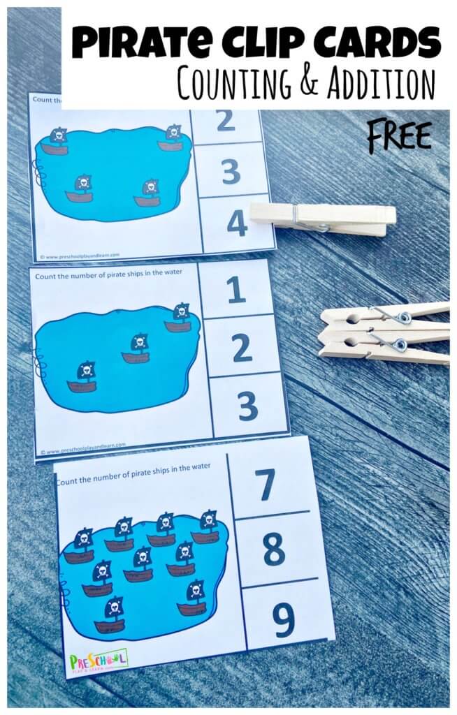 FREE Pirate Counting Cards. #freehomeschooldeals #fhdhomeschoolers #piratecountingcards #countingclipcards #piratethemecards #pirateprintables