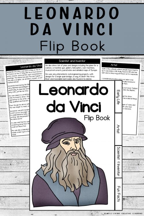 FREE Leonardo Da Vinci Flip Book. #freehomeschooldeals #fhdhomeschoolers #davinciflipbook #artistflipbook #leonardodavinciprintable #davinciprintable