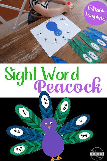 FREE Peacock Sight Word Activity. #freehomeschooldeals #fhdhomescoolers #peacockprintable #sightwordpractice #peacocksightwordactivity