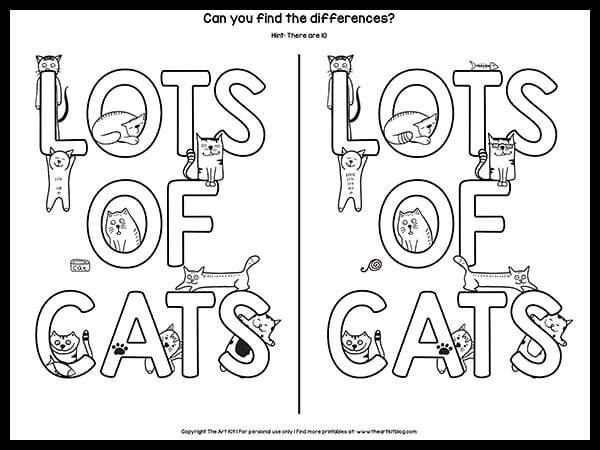 Spot the Difference Cat Worksheet. #freehomeschooldeals #fhdhomeschoolers #catworksheets #catprintables #spotthedifference