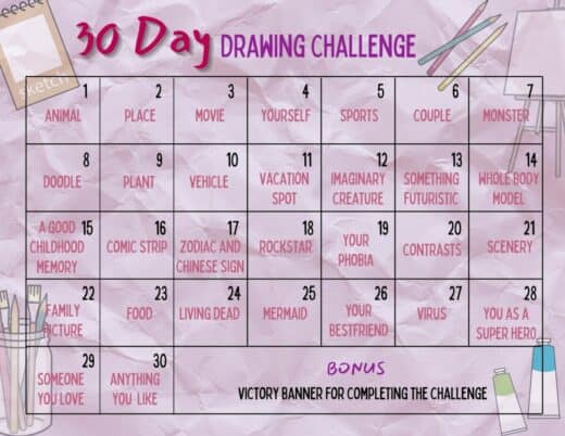 Free 30-Day Drawing Challenge. #freehomeschooldeals #fhdhomeschoolers #30daydrawingchallenge #drawingchallenge
