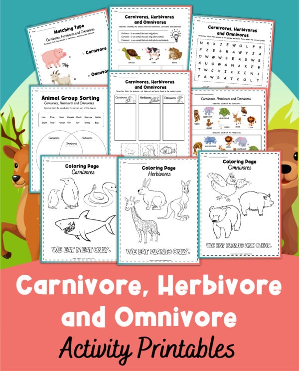 FREE Herbivore, Omnivore, and Carnivore Worksheets. #freehomeschooldeals #fhdhomeschoolers #omnivoreworksheets #carnivoreworksheets #herbivoreworksheets #animalworksheets