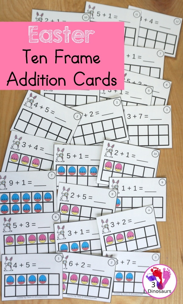 FREE Easter Addition Cards. #freehomeschooldeals #fhdhomeschoolers #tenframemath #additioncards #tenframeaddition