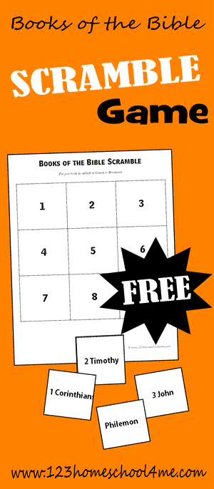 FREE Bible Book Scramble Game. #freehomeschooldeals #fhdhomeschoolers #biblebookscramble #biblebookresource #booksofthebible 
