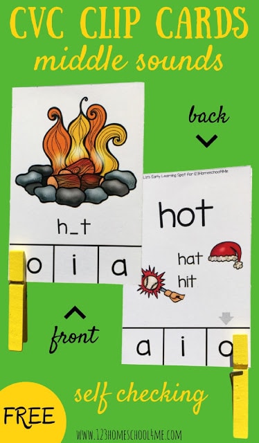 CVC Middle Sound Clipcards. #freehomeschooldeals #fhdhomeschoolers #cvcwords #kindergartenworksheets #learningcvcwords 
