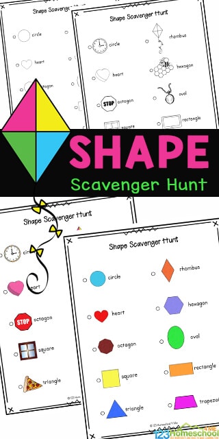 Kids' Scavenger Hunt with Shapes. #freehomeschooldeals #fhdhomeschoolers #learningaboutshapes #preschoolscavengerhunt #shapescavengerhunt