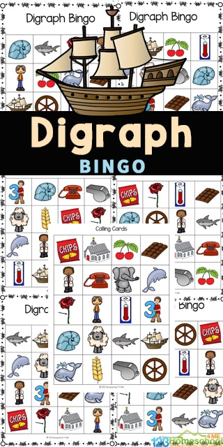 digraph Bingo card images and a large pirate ship with text overlay