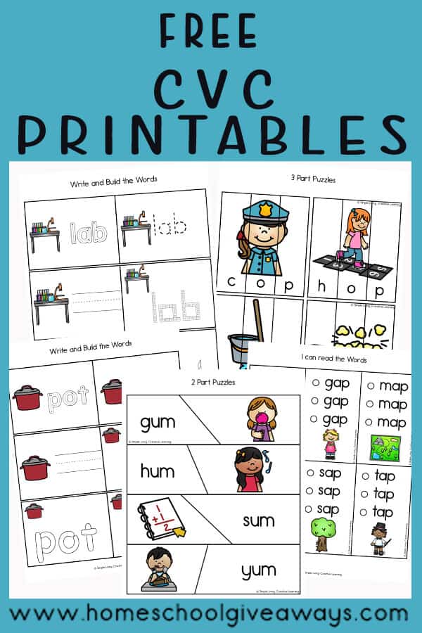 cvc word printables with adorable images and text overlay