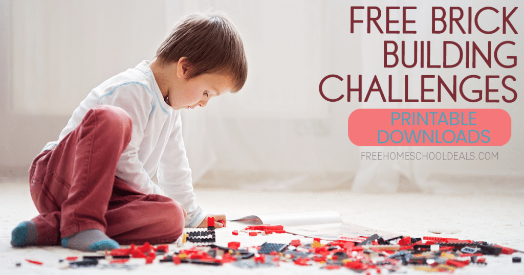 young boy on the floor playing with LEGO brick pieces with overlay "FREE Brick Building Challenges - Printable Downloads"