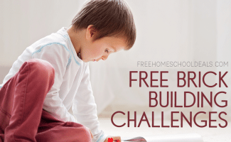 young boy on the floor playing with LEGO brick pieces with overlay "FREE Brick Building Challenges - Printable Downloads"