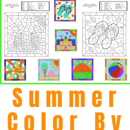 summer colorful, color-by-number images of worksheets with text overlay