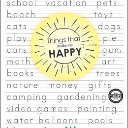 Happy Things Handwriting Pages. #freehomeschooldeals #fhdhomeschoolers #handwritingpractice #middleschoolhandwriting #funhandwritingpractice