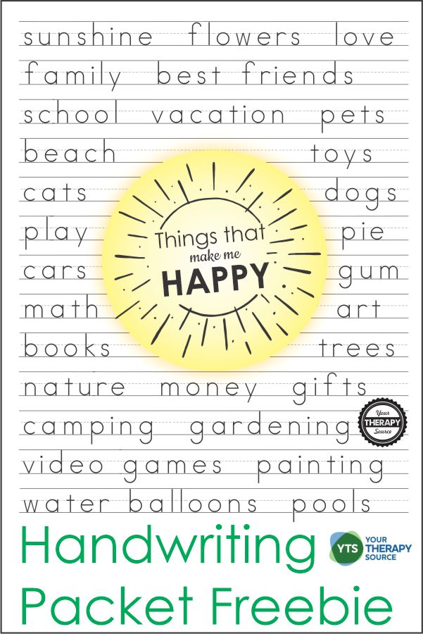 Happy Things Handwriting Pages. #freehomeschooldeals #fhdhomeschoolers #handwritingpractice #middleschoolhandwriting #funhandwritingpractice


