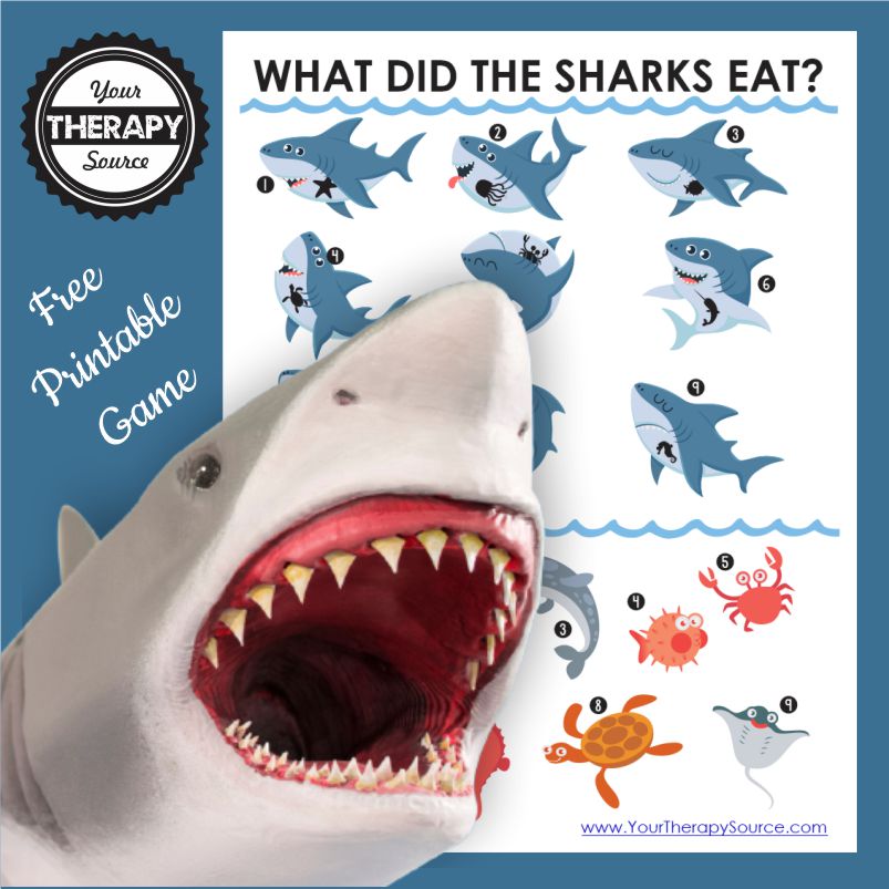 What did the sharks eat? free printable game with adorable shark images with white and blue background