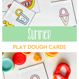Summer play dough cards with summer images like ice cream, watermelon, and water and text overlay