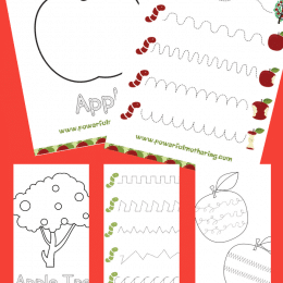 Trace and Color Prewriting Worksheets apple themed with text overlay. #freehomeschooldeals #fhdhomeschoolers #learningtowrite #preschoolprewriting #prewritingworksheets