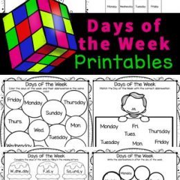 Days of the Week Activities days of the week printables images, a colorful rubix cube, and text overlay. #freehomeschooldeals #fhdhomeschoolers #learningdaysoftheweek #daysoftheweekactivity #daysoftheweekworksheets