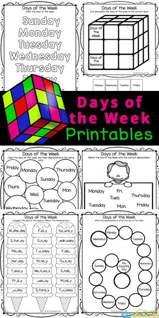 Days of the Week Activities days of the week printables images, a colorful rubix cube, and text overlay. #freehomeschooldeals #fhdhomeschoolers #learningdaysoftheweek #daysoftheweekactivity #daysoftheweekworksheets