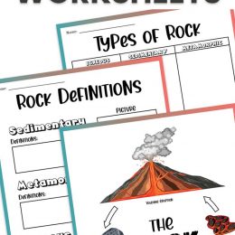 Free Rock Study Worksheets, rocks and rock cucle printables images, and text overlay. #freehomeschooldeals #fhdhomeschoolers #studyingrocks #typesofrocksworksheets #freerocksworksheets