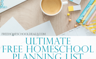scattered planning materials with coffee mug and computer - overlay Ultimate FREE Homeschool Planning List: Free Homeschool Planners, Forms, and More
