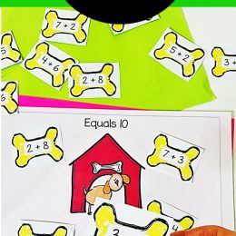 Adding to Ten Math Game, doggy bone printables with text overlay. #freehomeschooldeals #fhdhomeschoolers #addingtoten #earlymathgames #additiongames