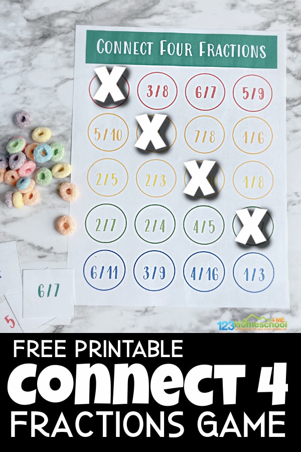 Connect Four Fractions Activity.  #freehomeschooldeals #fhdhomeschoolers #studyingfractions #fractiongames #freemathgames
