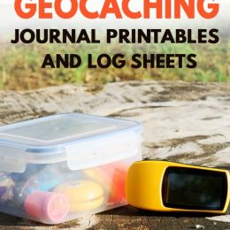 Printable Geocaching Logs and Journals, plastic container of geocaching tools, mapping tools and nature with text overlay.. #freehomeschooldeals #fhdhomeschoolers #learningaboutgeocaching #freegeocachingjournals #freegeocachingpages