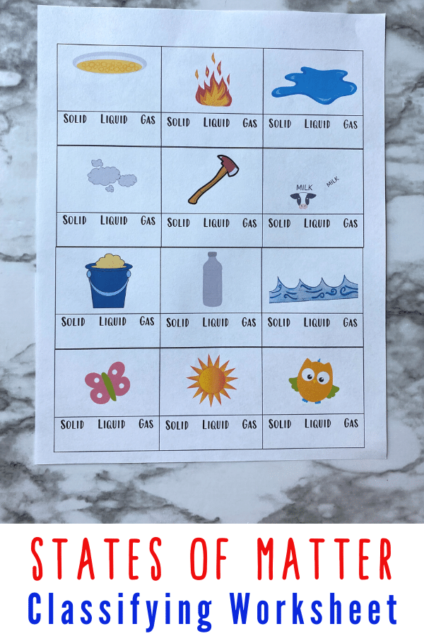 States of Matter Kindergarten Activity. #freehomeschooldeals #fhdhomeschoolers #learningaboutmatter #solidliquidgasactivity #kindergartenscienceworksheets
