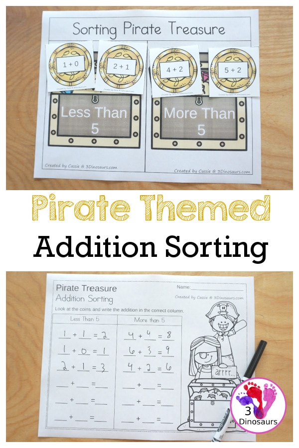 Kindergarten Pirate Sorting Activity. #freehomeschooldeals #fhdhomeschoolers #learningaboutaddition #additiongamesforkids #additionsortingactivity
