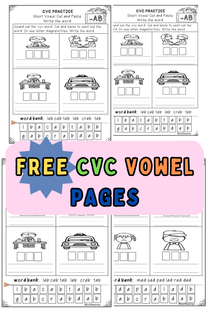 4 sample pages of CVC vowel worksheets