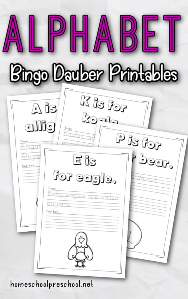 sample pages of an Alphabet Bingo Dauber Printable pack