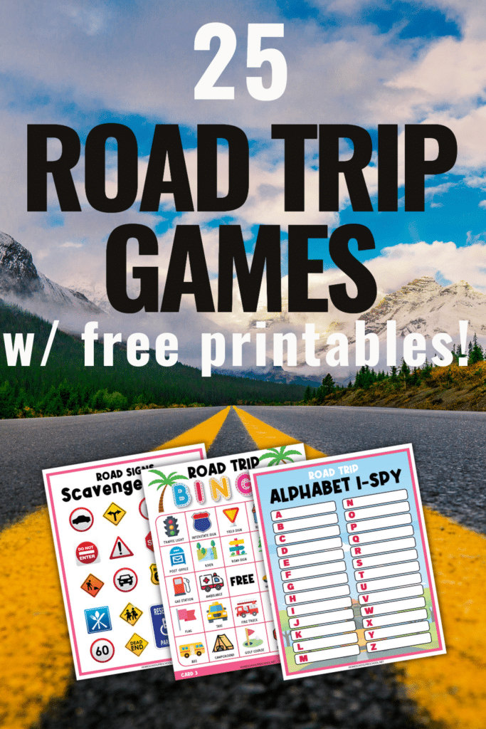 sample pages of road trip games overlayed on an image of a road with mountains, blue skies and clouds