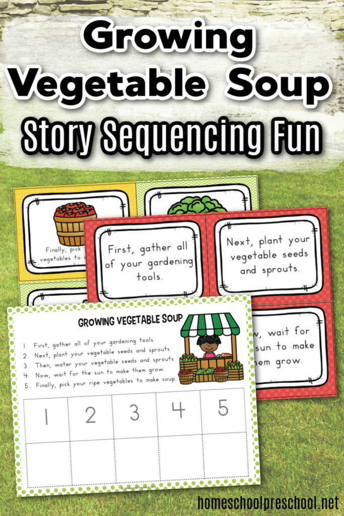 sample pages of vegetable soup story sequencing cards