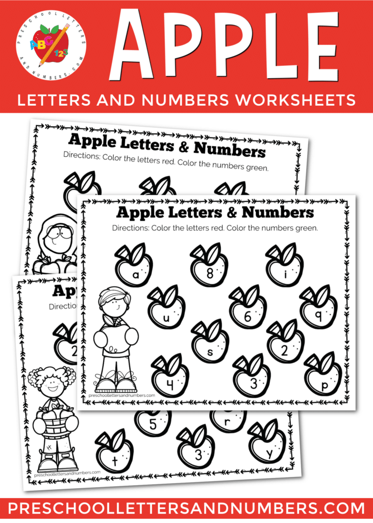 sample pages of apple themed letters and numbers practice pages