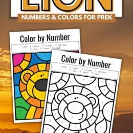 2 color by number Lion themed pages shown - one colored in and one blank