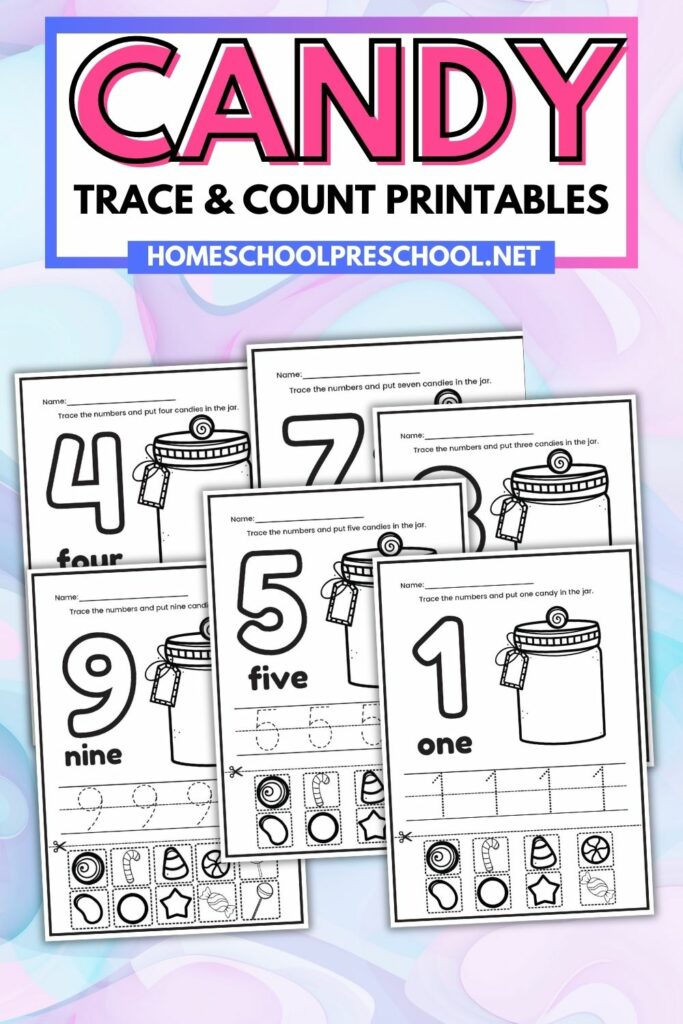 sample pages of candy themed trace and color worksheets
