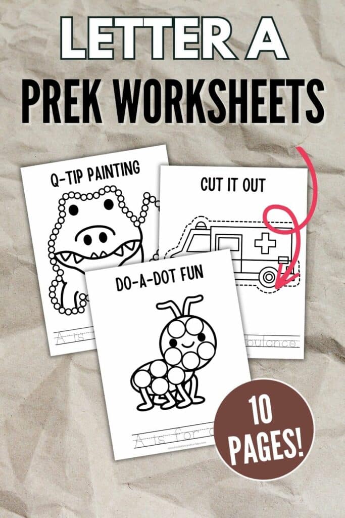 three sample pages of the Letter A Worksheets for preschoolers