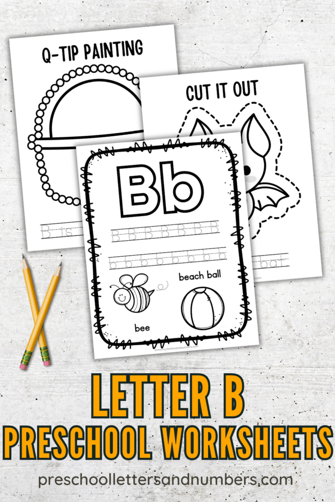 sample letter B worksheets for preschoolers with two digital pencils in "x" formation on digital background.