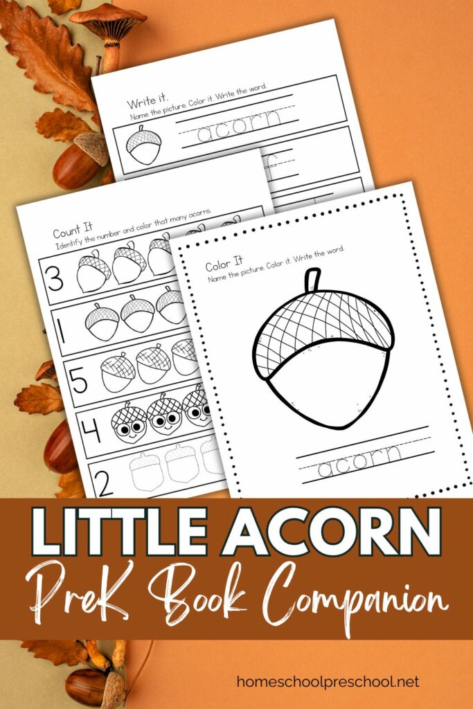 sample pages from the acorn themed printable pack based on the book "Little Acorn" Book 