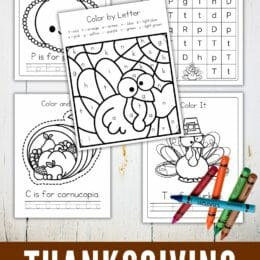 sample pages from Thanksgiving themed worksheets with scattered crayons over the top