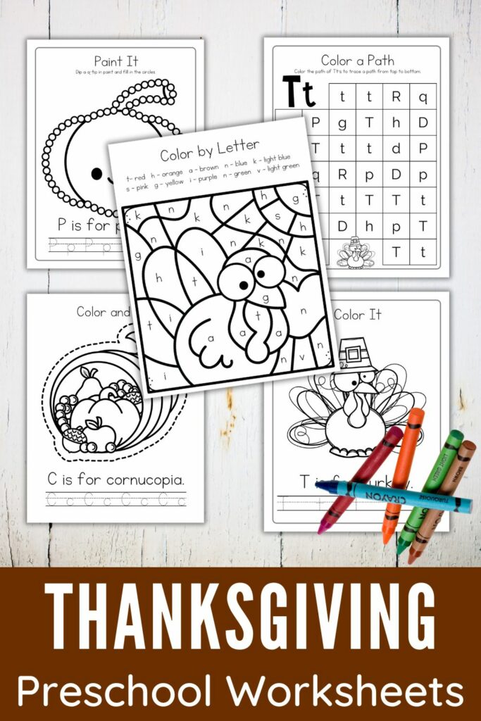 sample pages from Thanksgiving themed worksheets with scattered crayons over the top