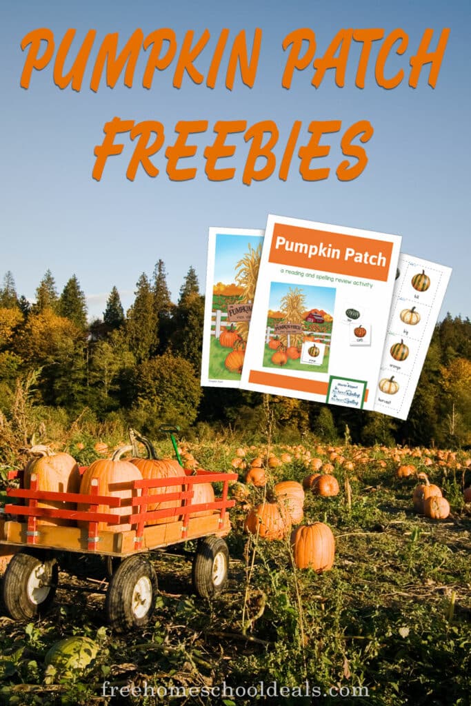 field of pumpkins and a small wagon filled with pumpkins in a pumpkin patch and overlay of pumpkin patch printable pack, plus "Pumpkin Patch Freebies" words