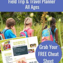 kids walking with backpacks through a field with overlay of field trip planner cheat sheets images