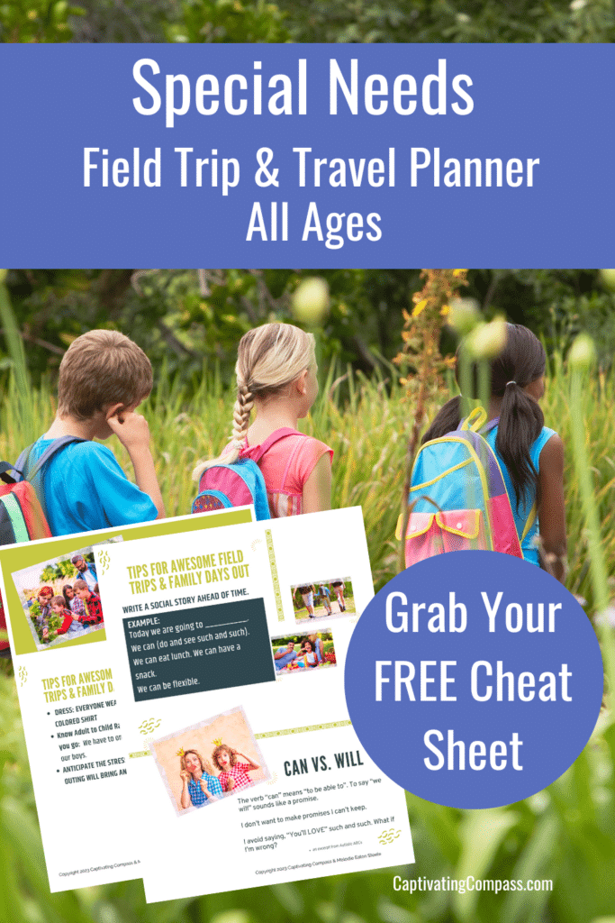 kids walking with backpacks through a field with overlay of field trip planner cheat sheets images