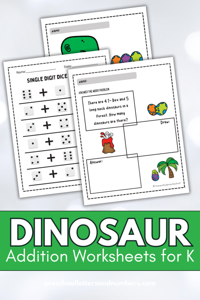 sample pages of the dinosaur addition worksheets for kindergartners