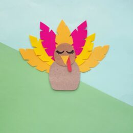 image of completed turkey craft with yellow and red feathers on blue and green background