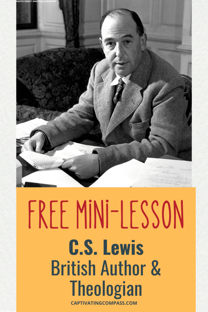 black and white image of C.S. Lewis sitting at a desk with papers in front