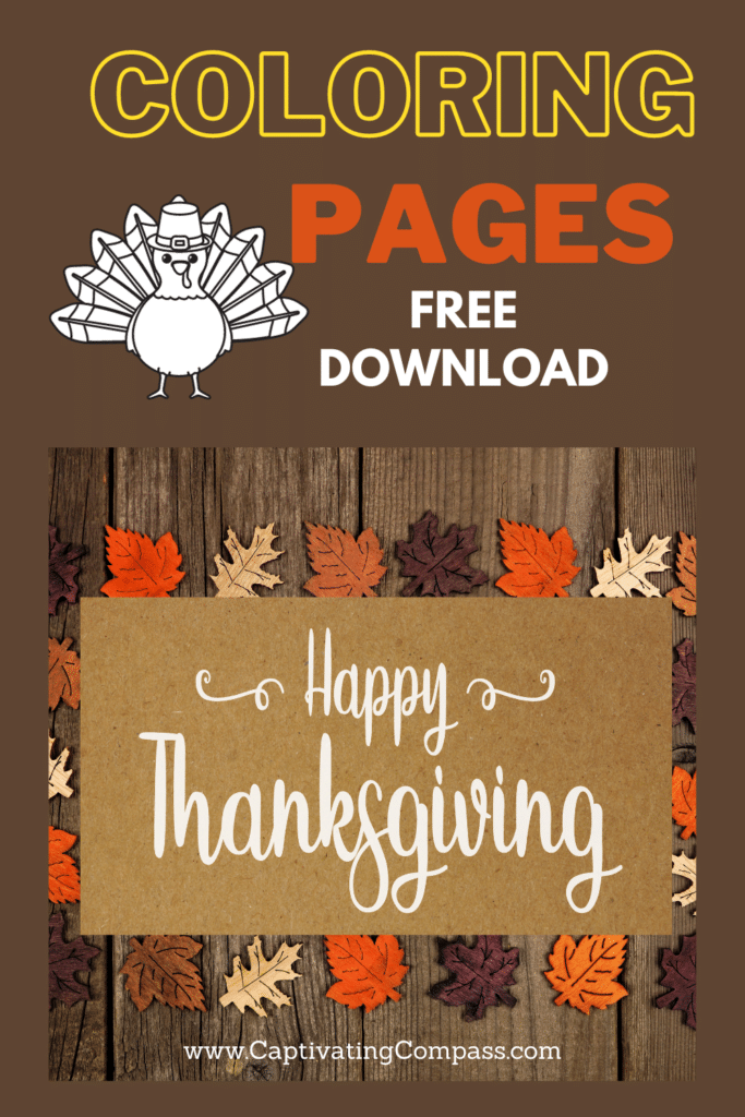 scattered leaves on a wooden background with overlay words "Coloring Pages" for Thanksgiving